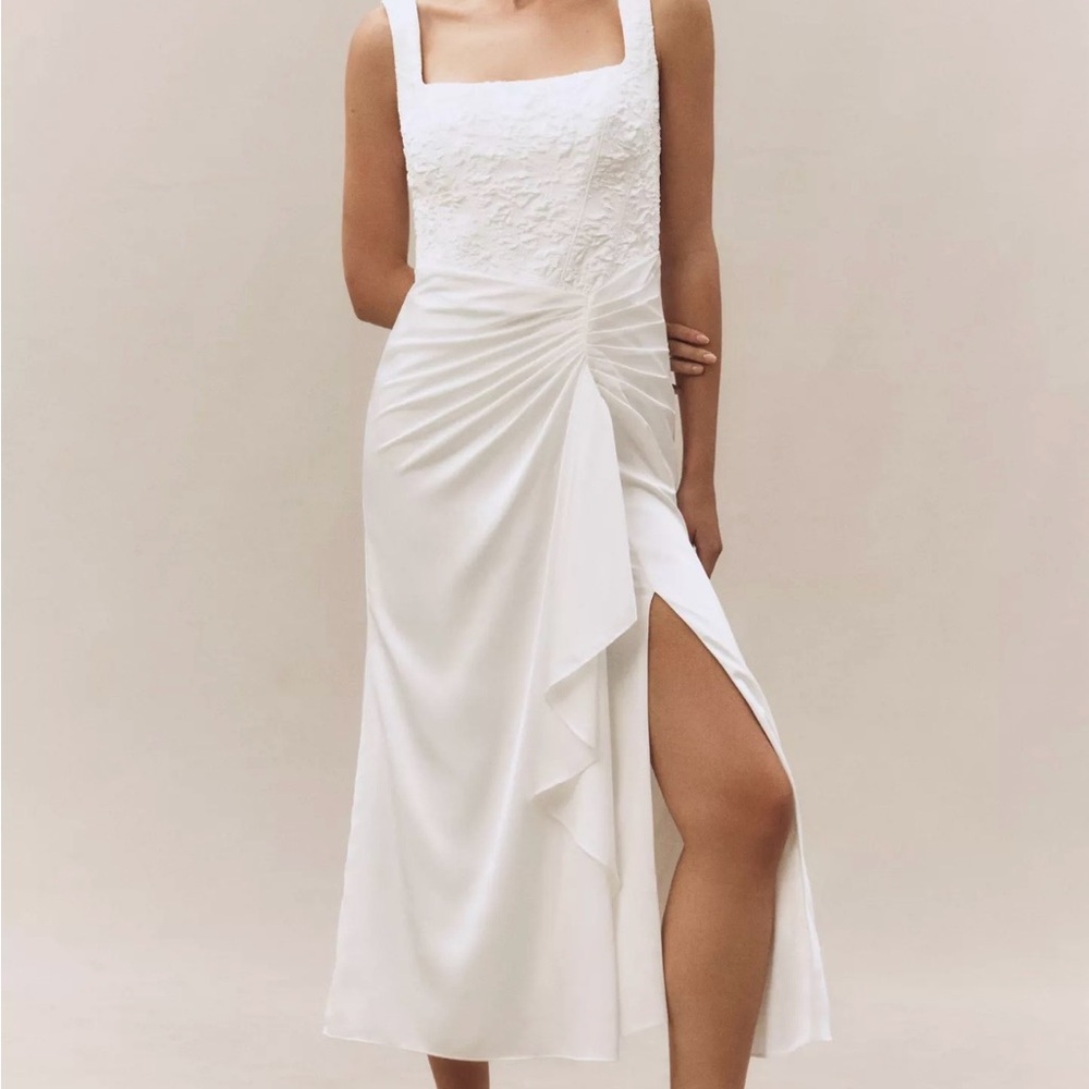BHLDN White Square-Neck Midi Dress with Gathered Side & Slit